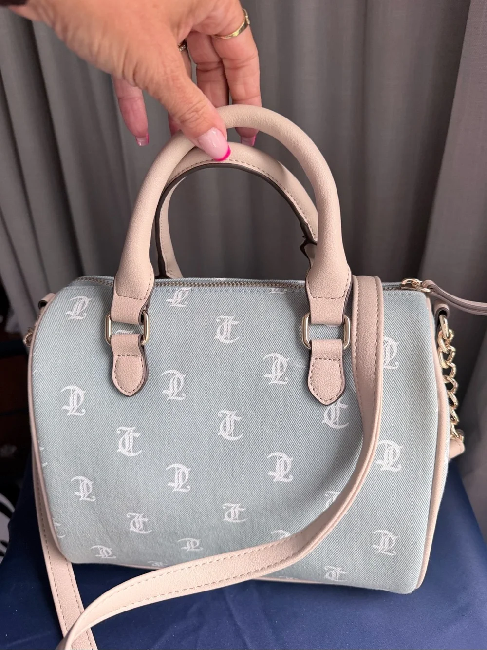 Juicy Couture Light Blue Satchel with Cream Handles & Red Heart Charm